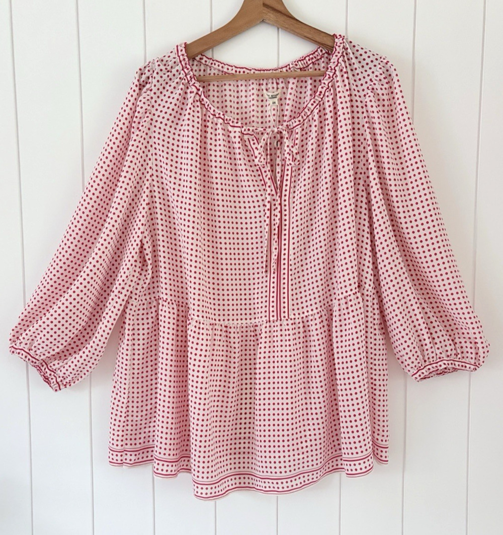 Max Studio Polka Dot Peasant Blouse 2X Cream Red Tie Split Neck Balloon Sleeves